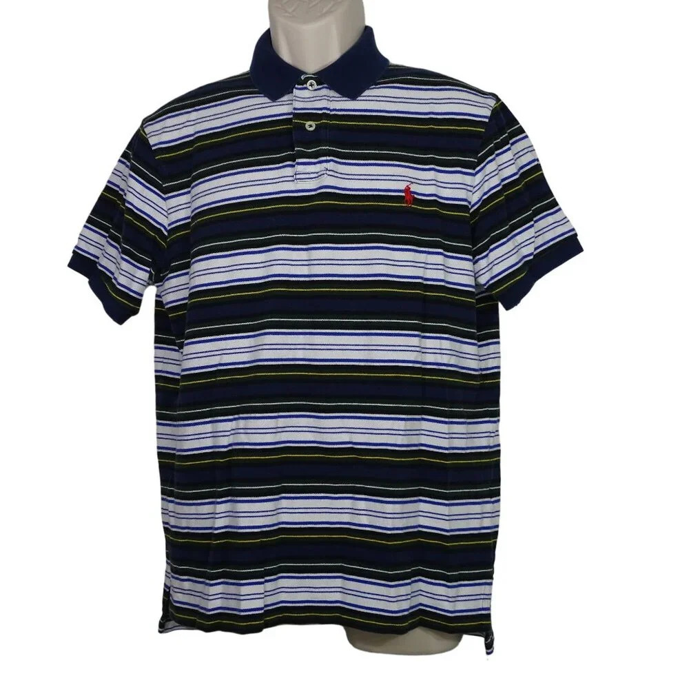 Polo by Ralph Lauren Men Size L Custom Fit Striped Polo Shirt Blue Green Logo